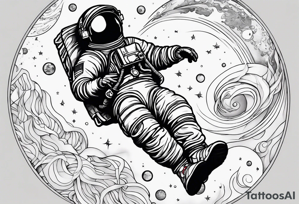 An astronaut floating with one arm up and one arm down and feet spread. he's wearing 1990's air jordan sneakers on his feet tattoo idea