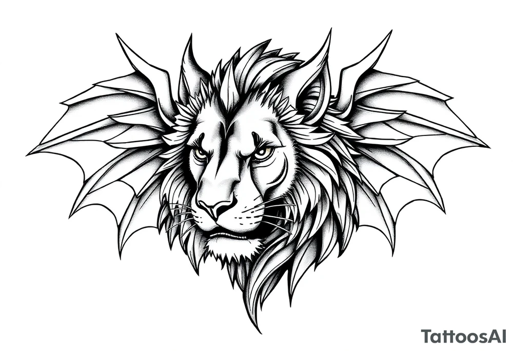 Female Lioness dragon face angel wings tattoo idea