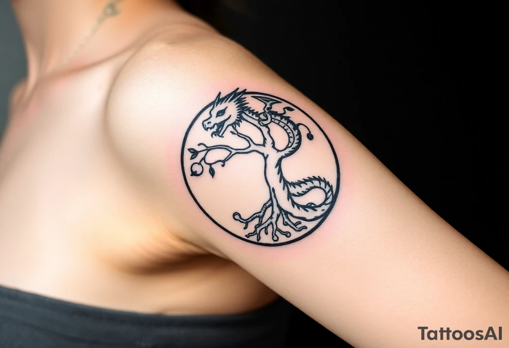 a dragon forming a circle with its body.  the dragon encircles the tree of life.   the tree of life has fruit  and the dragon is eating the fruit. the roots of the tree are strangling the tail of the dragon tattoo idea