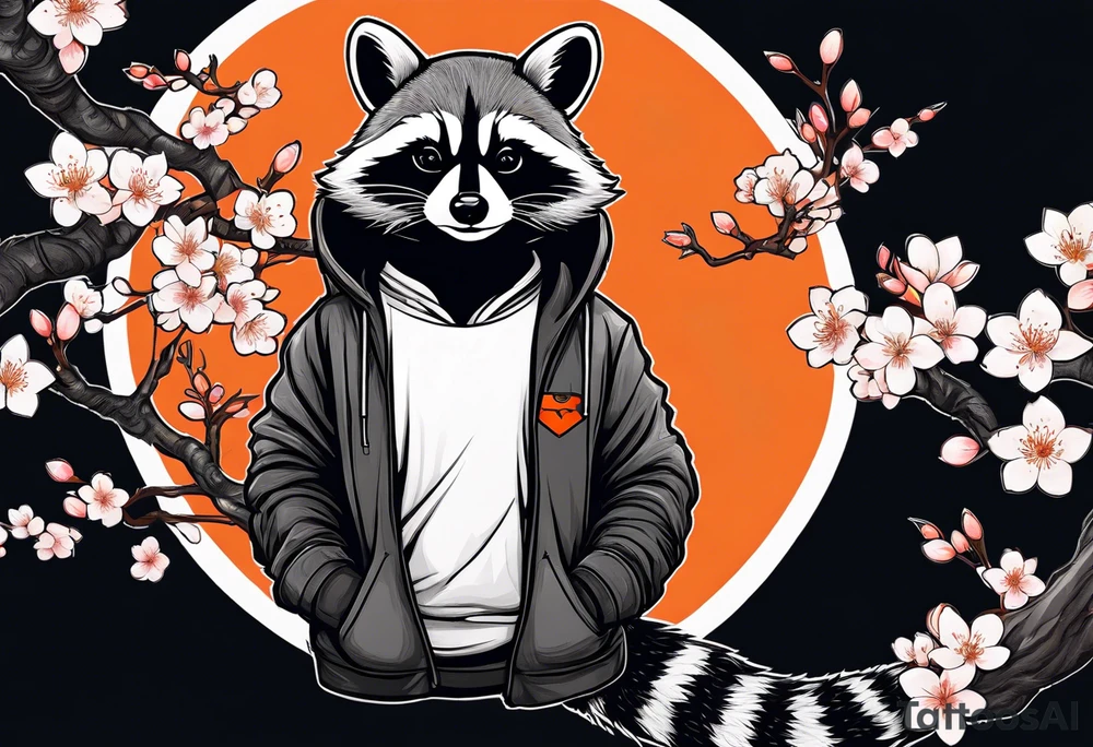 Raccoon wearing a white Superman logo on a black hoodie and orange Japanese cherry blossoms beside tattoo idea