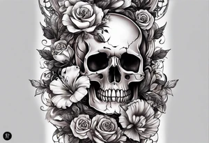 arm sleeve tattoo of bone that fills entire arm from shoulder to fingers symbolizing pain with skulls and dead flowers and more tattoo idea