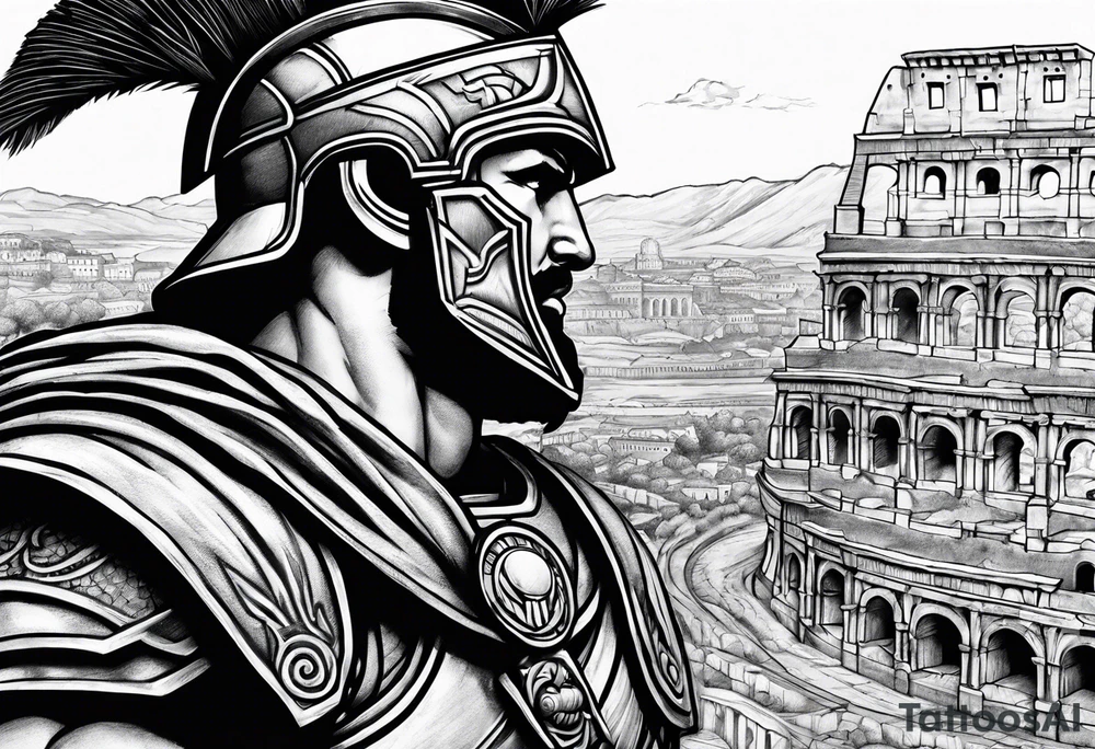 Side profile of spartan soilder looking at Roman city tattoo idea
