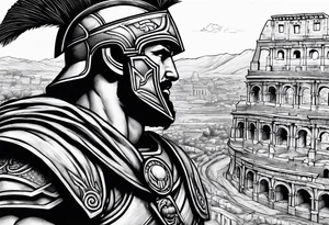 Side profile of spartan soilder looking at Roman city tattoo idea