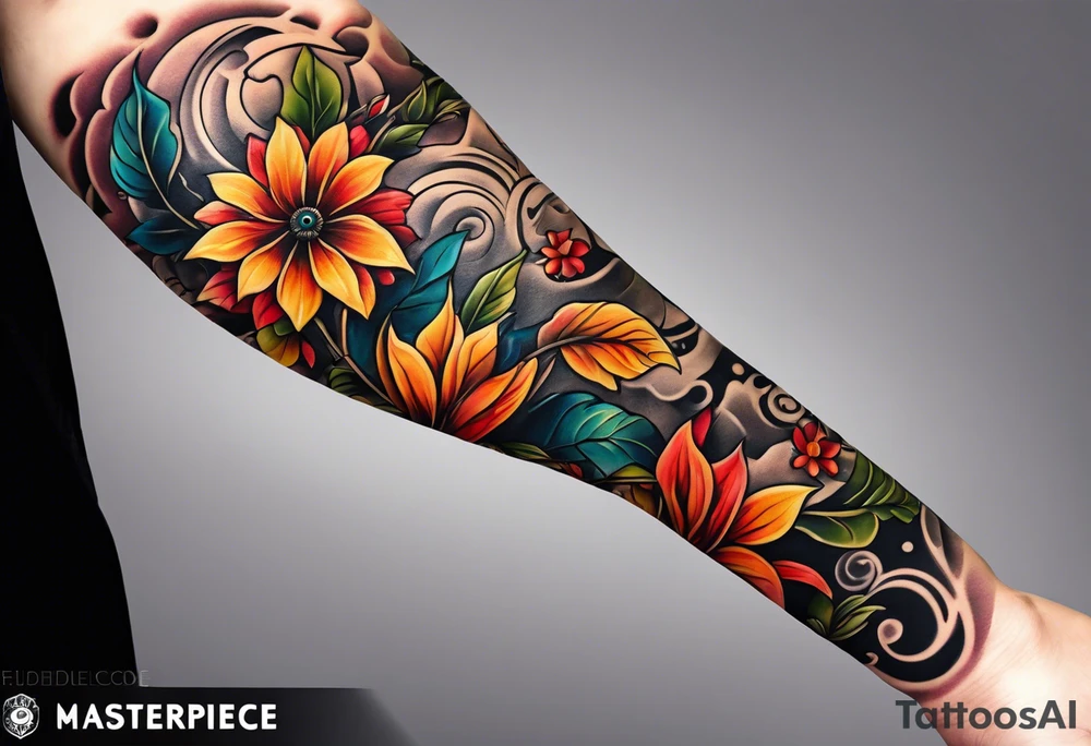arm sleeve with fall colors, flowers, water flow shapes, leaves and various natural shapes, music notes, skulls tattoo idea