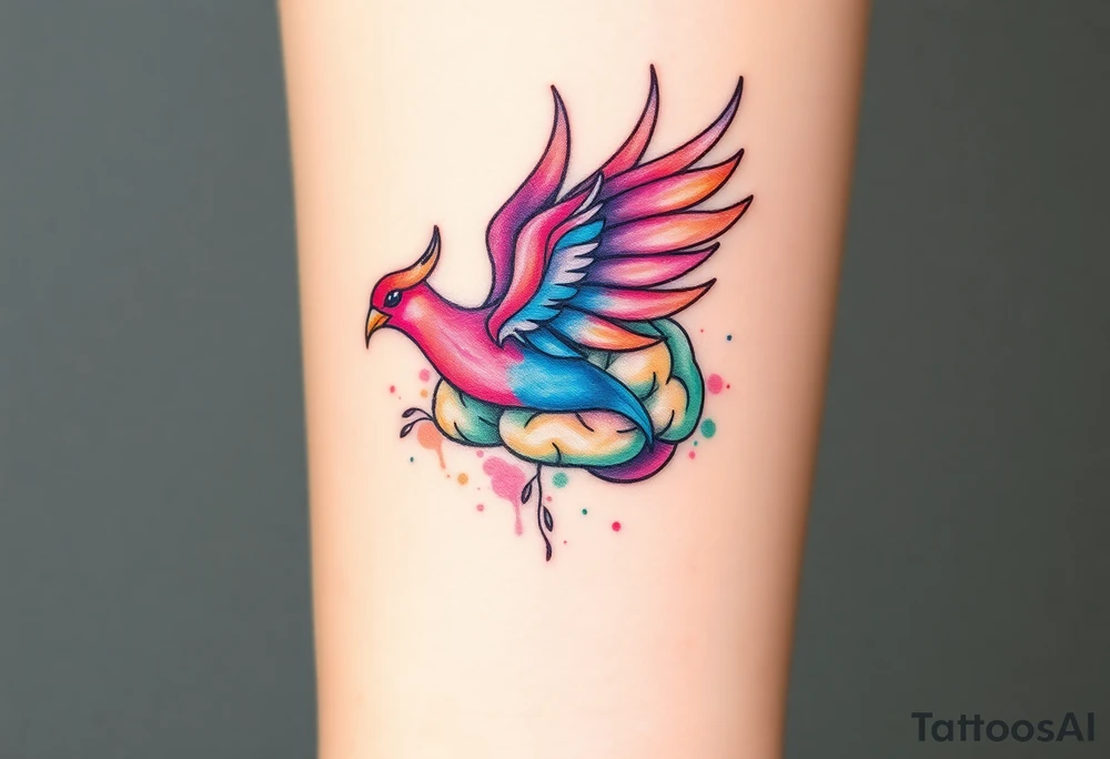 Colorful phoenix flying out of a brain tattoo idea