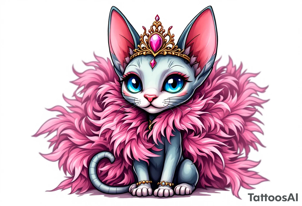 Chibi new school Glamorous sphinx cat holding 
pink feather boa and wearing a crown tattoo idea