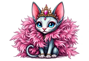 Chibi new school Glamorous sphinx cat holding 
pink feather boa and wearing a crown tattoo idea
