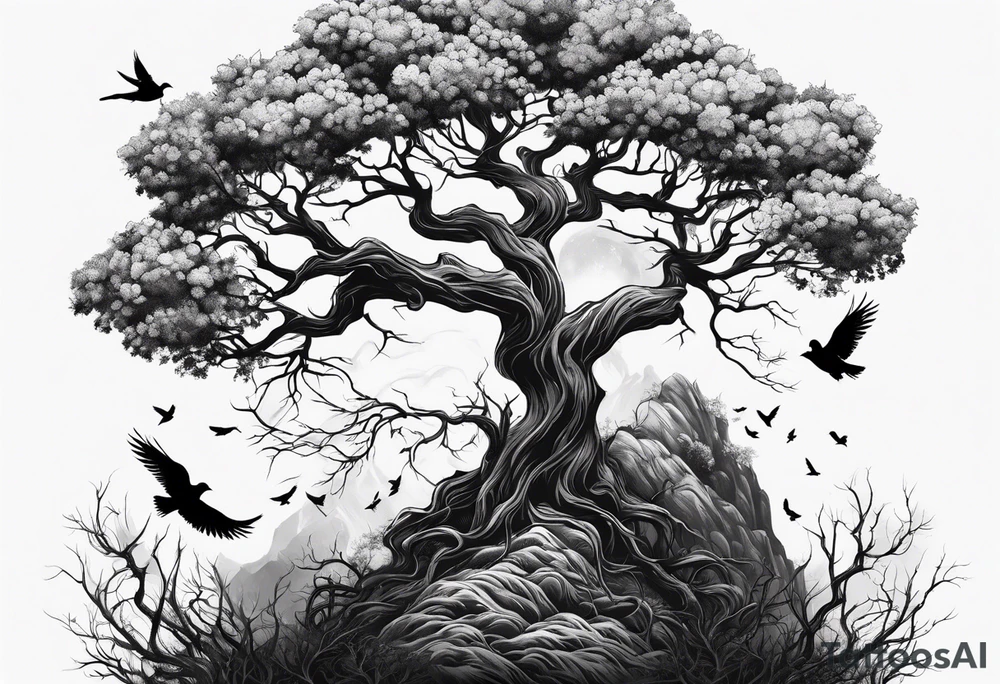 poison tree, strong, tall, birds, no leaves tattoo idea