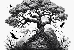 poison tree, strong, tall, birds, no leaves tattoo idea