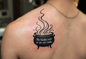 "Na kazdou svini se vari voda." — A boiling cauldron with a pig silhouette formed in steam, inked in dark greens and browns, and the quote spiraling upward. tattoo idea