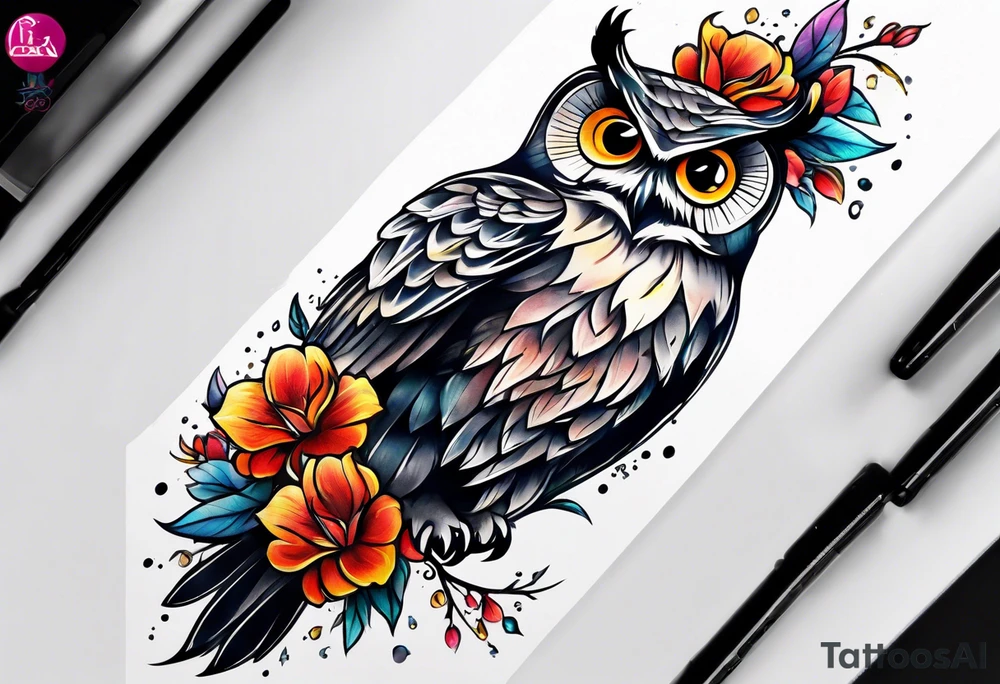 Owl and flowers full arm sleeve tattoo idea