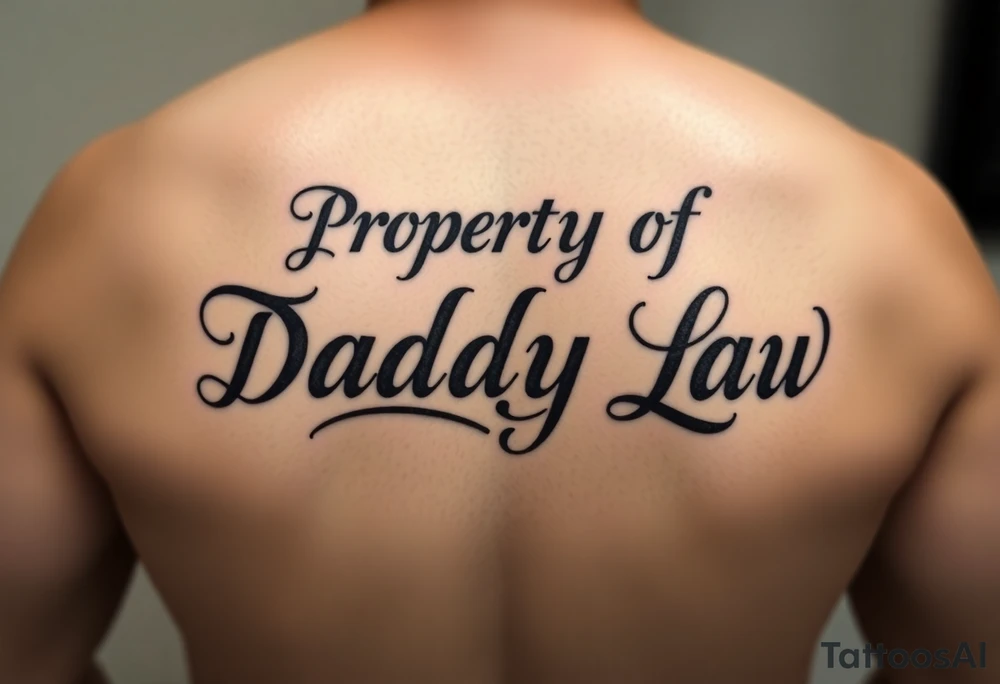 Lettering in calligraphy/cursive that says:
Property of
Daddy Law

Somewhere in there a queen of spades. Could be in the "a" in the Daddy or Law but just want it somewhere in there
tattoo is going to be for a thicker female on their lower back area tattoo idea