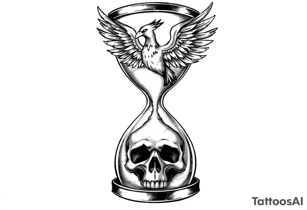 A cracked hourglass with the sands forming a skull below and a phoenix rising from the top. tattoo idea