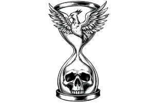 A cracked hourglass with the sands forming a skull below and a phoenix rising from the top. tattoo idea