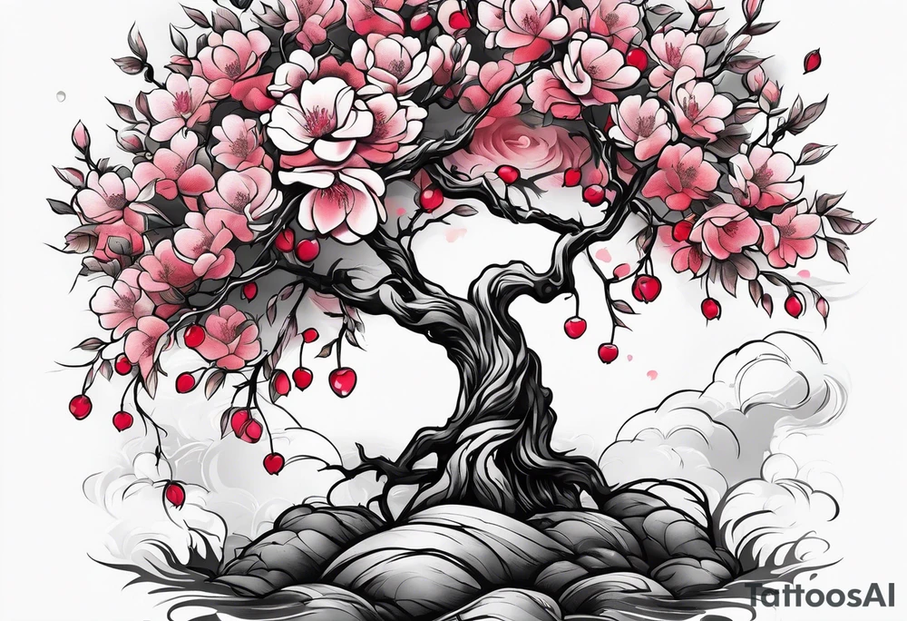 Cherry tree with colored roses tattoo idea