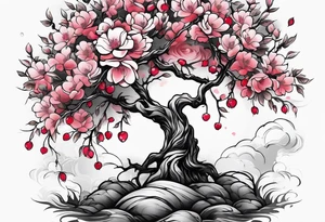 Cherry tree with colored roses tattoo idea