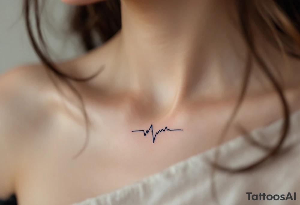 A minimalist navy blue line wave pulses across the collarbone like a heartbeat. tattoo idea