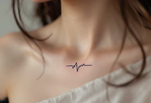 A minimalist navy blue line wave pulses across the collarbone like a heartbeat. tattoo idea