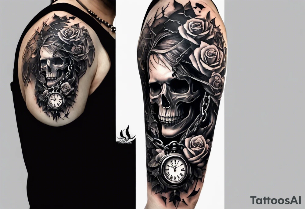tattoo fool sleeve, tree roots break out of the chains, broken mask, clock with flying numbers, girl and skull, roses tattoo idea