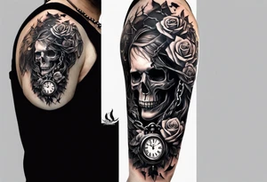 tattoo fool sleeve, tree roots break out of the chains, broken mask, clock with flying numbers, girl and skull, roses tattoo idea