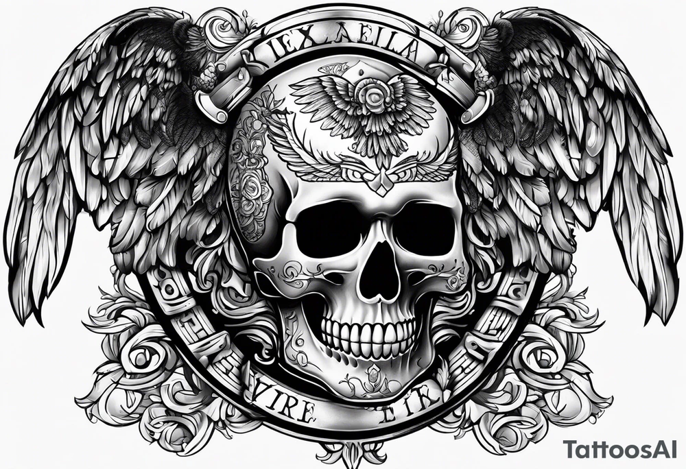 Mexican Tattooed skull with angel wings. Name Leah written under in gothic letters. tattoo idea