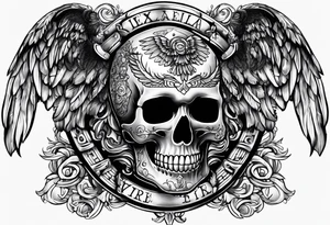 Mexican Tattooed skull with angel wings. Name Leah written under in gothic letters. tattoo idea