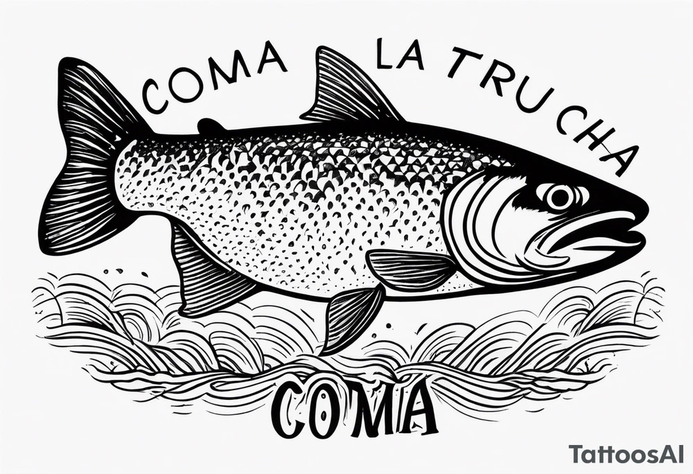 A small tattoo with a shaded trout and text that says, 'Como la trucha...' drawn with fine lines." tattoo idea