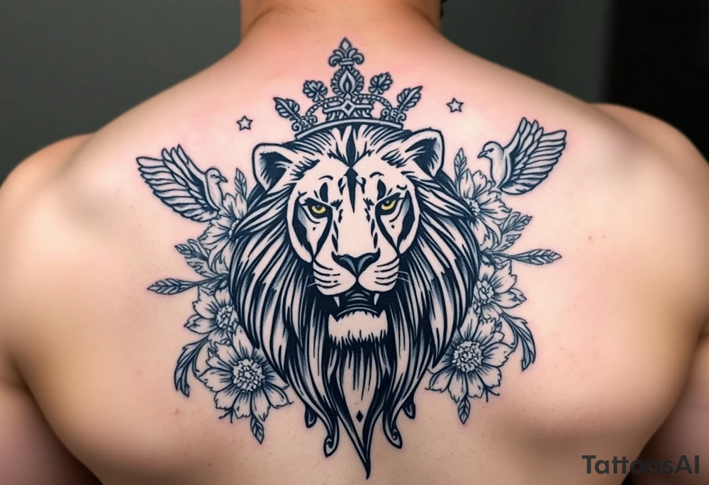 powerful majestic lion with a crown, surrounded by floral ornaments and birds tattoo idea