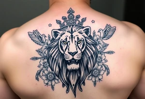 powerful majestic lion with a crown, surrounded by floral ornaments and birds tattoo idea