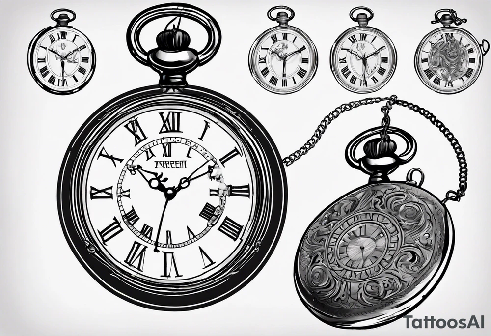 Pocket watch with chain, Roman numerals, date in Roman numerals inside timepiece, classic, elegant, traditional tattoo idea