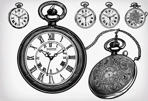 Pocket watch with chain, Roman numerals, date in Roman numerals inside timepiece, classic, elegant, traditional tattoo idea