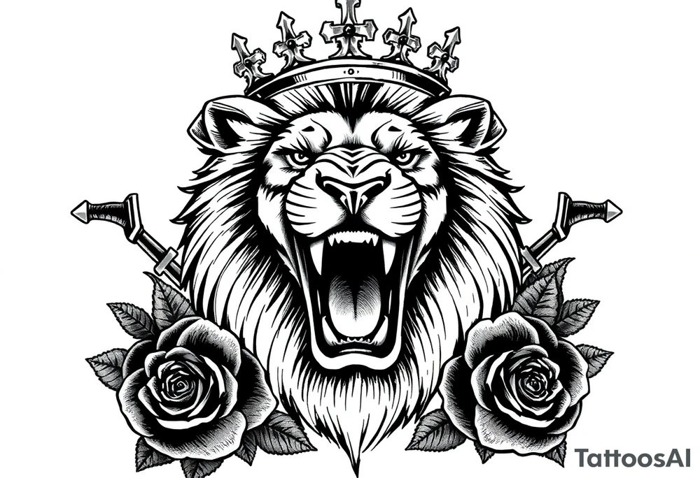 Fierce lion roaring, regal crown tilted, crossed swords framing its mane, dark roses. tattoo idea