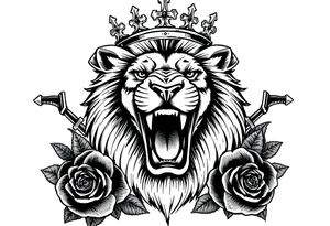 Fierce lion roaring, regal crown tilted, crossed swords framing its mane, dark roses. tattoo idea