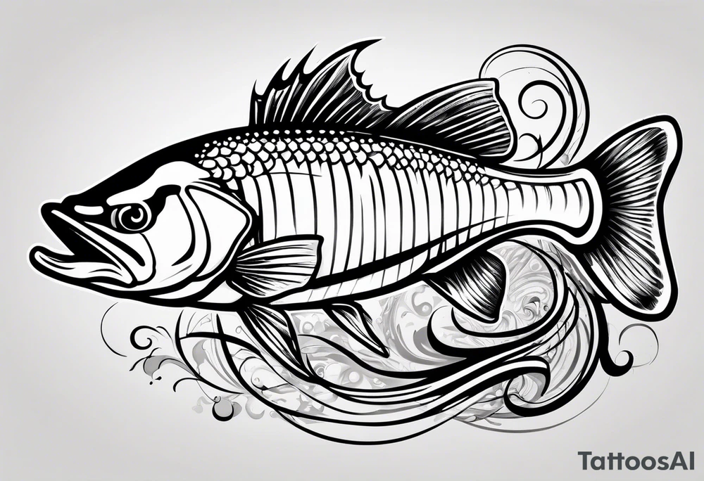 bass fish, its tail turns into a fishing hook tattoo idea