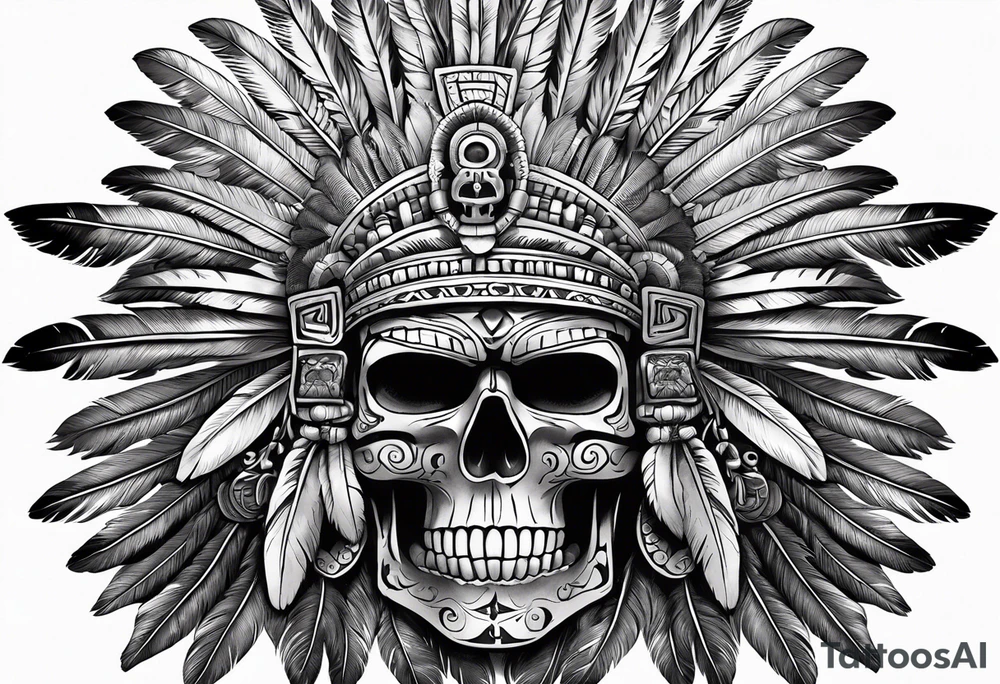 aztec god of death Mictlantecuhtli with long feathers around his head and skull as a head realistic tattoo idea