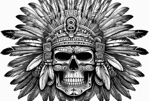 aztec god of death Mictlantecuhtli with long feathers around his head and skull as a head realistic tattoo idea