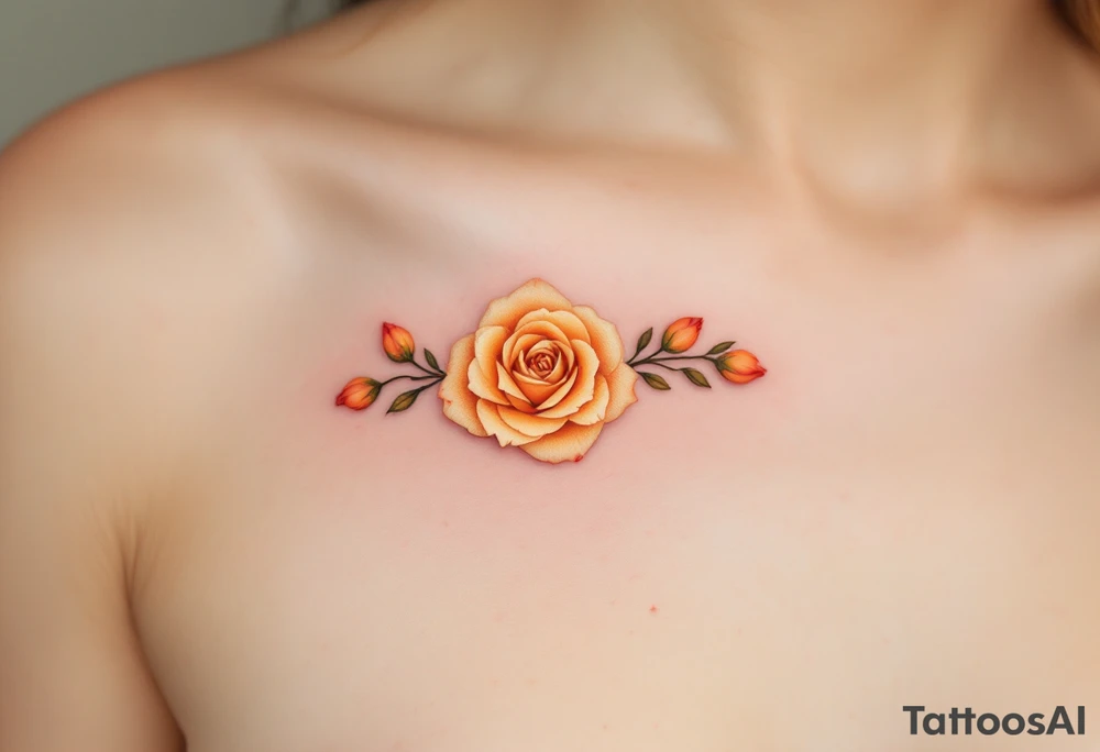 Realistic mini roses head in orange hues, showing delicate petal layers with no stem, ideal for clavicle or wrist. tattoo idea