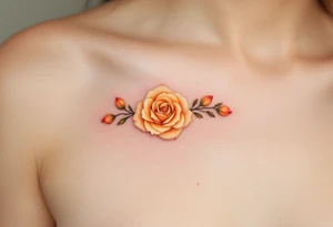 Realistic mini roses head in orange hues, showing delicate petal layers with no stem, ideal for clavicle or wrist. tattoo idea