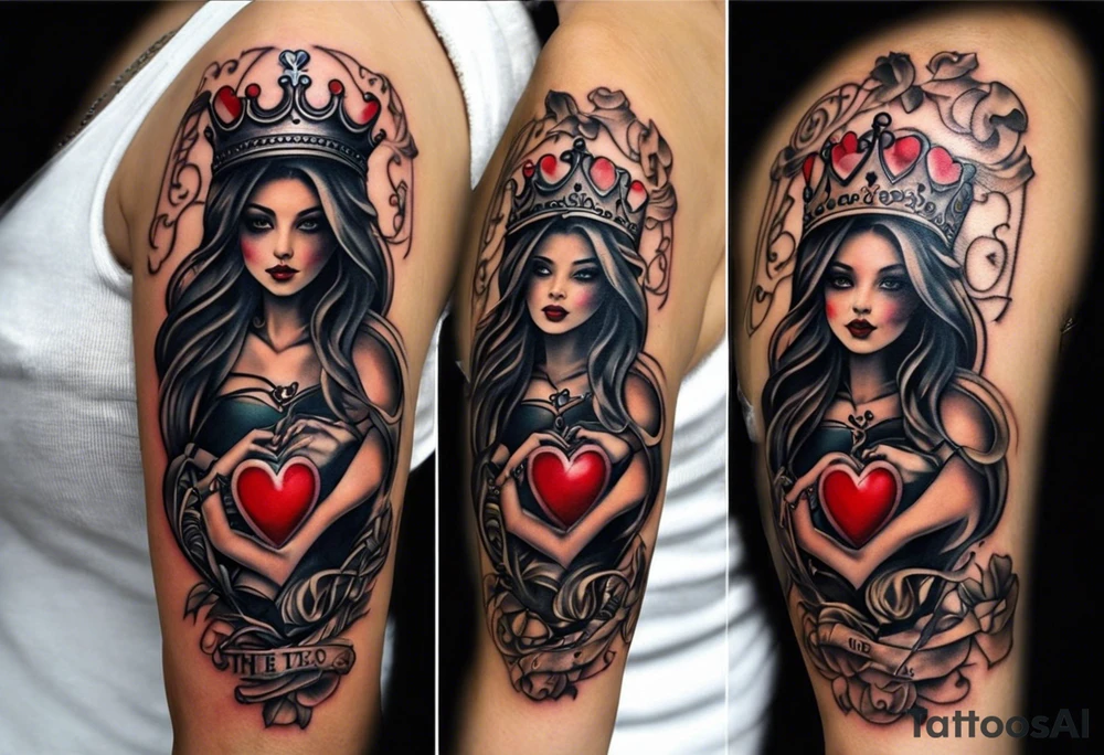 couple tattoo: the girls tattoo will be a heart shaped locket. the year 1999 should be on the front. also include the king of hearts in the details or as a playing card behind the locket. the males tattoo is a heart shaped skeleton key with the year 2016 on it. in the design he wants the queen of hearts on it or as the queen of hearts playing card behind the key. both should appear to be antique. tattoo idea