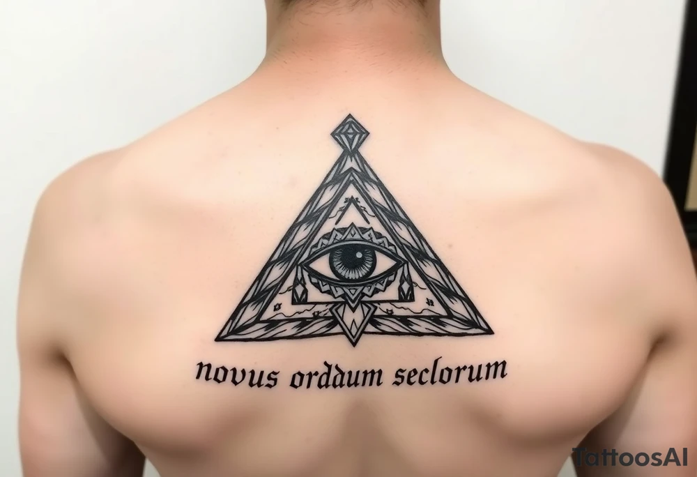 Pyramid with eye in the center, diamond on the top,surrounded by words - novus ordum seclorum tattoo idea