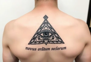 Pyramid with eye in the center, diamond on the top,surrounded by words - novus ordum seclorum tattoo idea