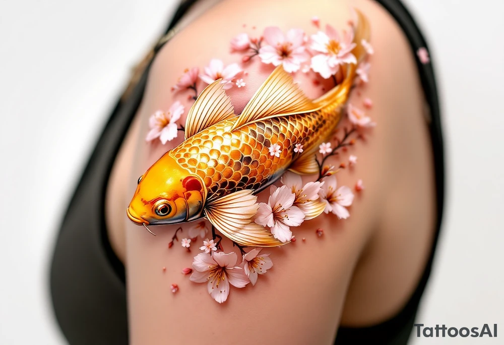 Golden Koi with Cherry Blossoms – A radiant gold koi fish gliding among soft pink cherry blossoms, representing good fortune and beauty in life. tattoo idea