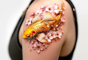 Golden Koi with Cherry Blossoms – A radiant gold koi fish gliding among soft pink cherry blossoms, representing good fortune and beauty in life. tattoo idea
