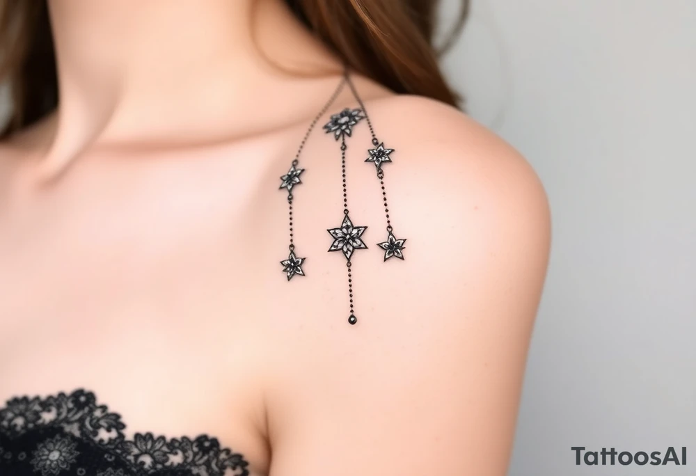 Vintage floral lace and delicate jewelry inspired with draping chains and 5 pointed crystal star charms. tattoo idea