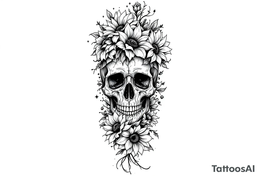 ornate skull adorned with wild roses and sunflowers tattoo idea