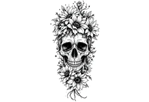 ornate skull adorned with wild roses and sunflowers tattoo idea