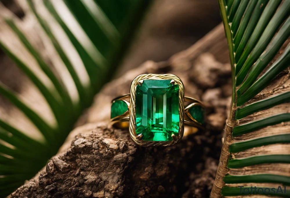 Tattoo: A striking Gachala emerald sits at the base of a tall quindio wax palm, which grows resiliently from cracks in rugged, rocky soil. The emerald is the main focal point, symbolizing strength and endurance, while the wax palm, rooted in the soil’s crevices, represents growth and resilience. A small water stream flows gently from the rocks, adding an element of life and nourishment tattoo idea