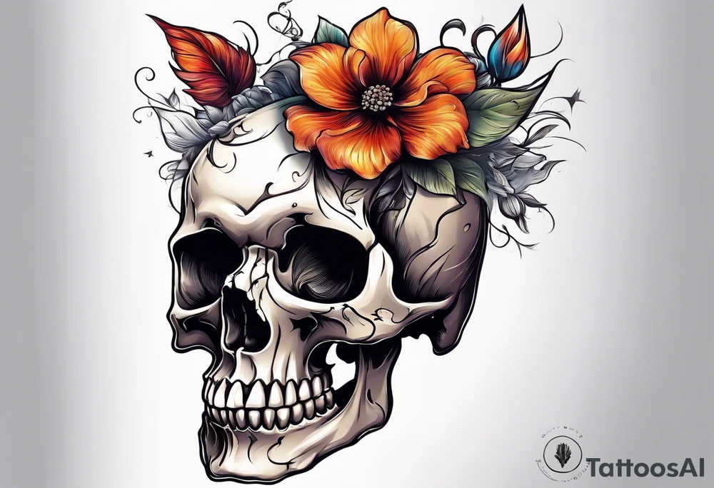 skull with one flower growing out of its head tattoo idea