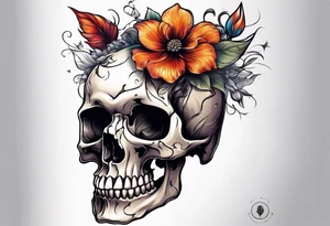skull with one flower growing out of its head tattoo idea