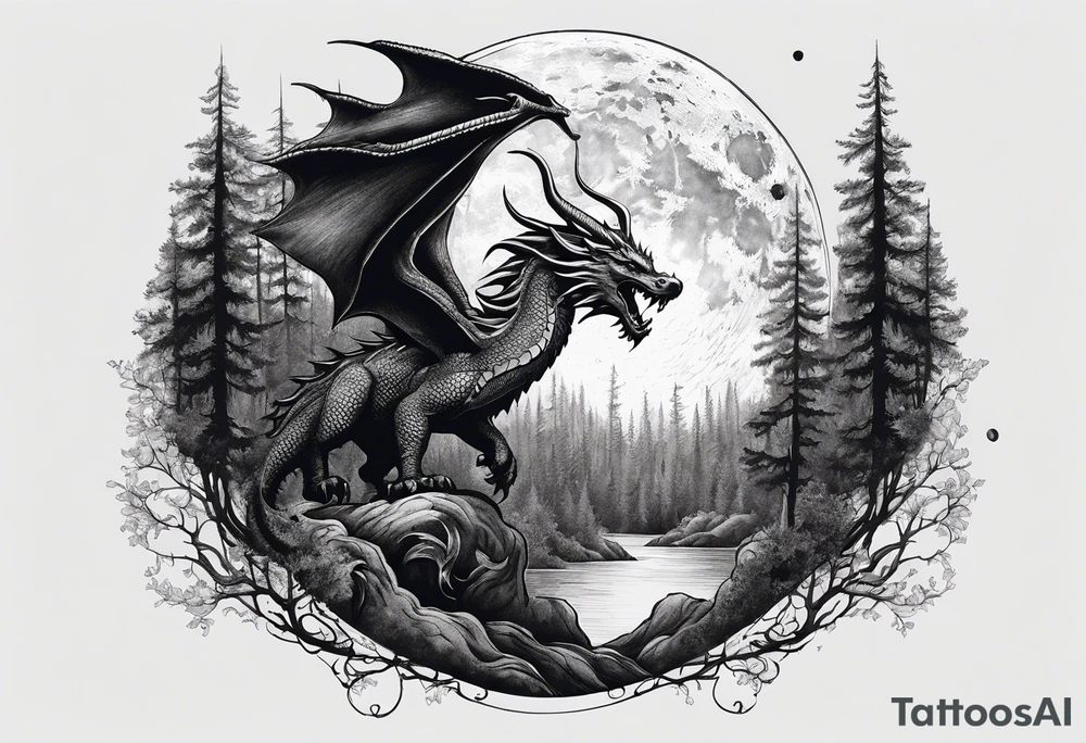 Dark forest with dragon flying over it in front of the moon tattoo idea